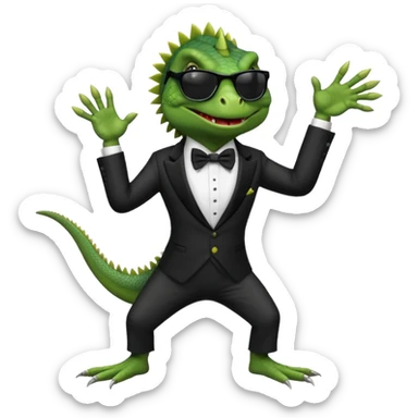 capitalist iguana banker in tuxedo and black sunglasses dancing crazy sticker