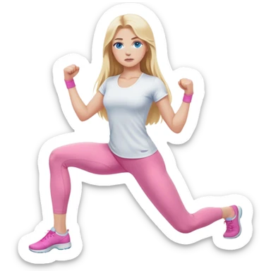 A cinematically realistic blonde with long hair and blue eyes, dressed in a white top and pink leggings, does a sports exercise called lunges sticker