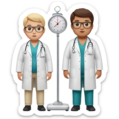 pessoa gorda em cima de balança e medico do lado avaliando sticker