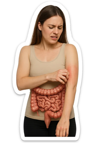 donna con intestino umano anatomico realistico che si gratta il braccio su cui ha un'eritema, iperrealistica 4k sticker