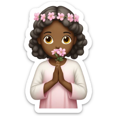 praying girl with pink flora sticker