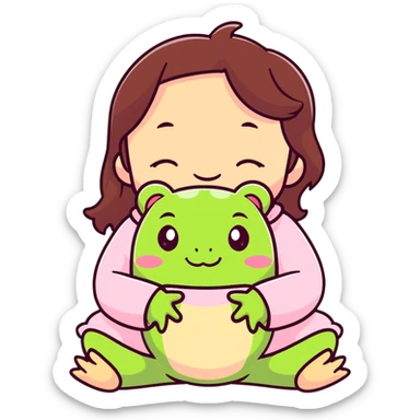 Adorable little brunette girl wearing light pink and hugging a soft frog face squishmallow  sticker