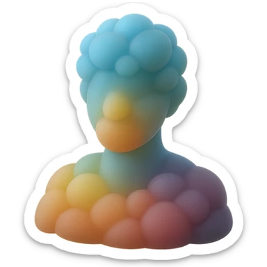 shoulder-up portrait of a person facing forward, fully composed of bright, convex clouds of different colors, matte glass style sticker