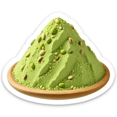 small mound of finely ground pistachio powder, soft crumbly texture, rich green color with pale beige flecks, irregular surface, natural grain, slightly matte finish, soft lighting, subtle shadows, emoji scale sticker