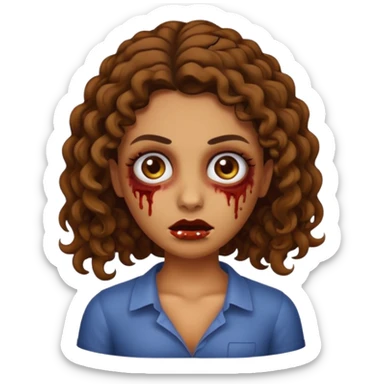 Create a zombie emoji inspired by a young woman with tanned skin, an oval face, large dark eyes, defined eyebrows, a small nose, and medium lips. Her hair should be long, curly, and brown.  sticker