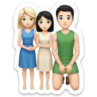 King, man, upright, black Hair, blue eyes, whole body, Woman, bending knees, blonde, green eyes, sleveless White Dress, sticker