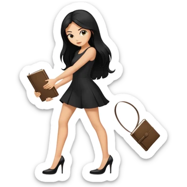 Bimbo in heels, black mini dress, long black hair tanned, hot, bending to pick up book from ground, hot,  only book.  sticker