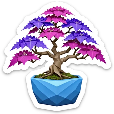 Futuristic wild alien maples Bonsai hair-fine-leaf group crimson crystal azalea purple and cream blue forest planting in shallow origami style pot  sticker