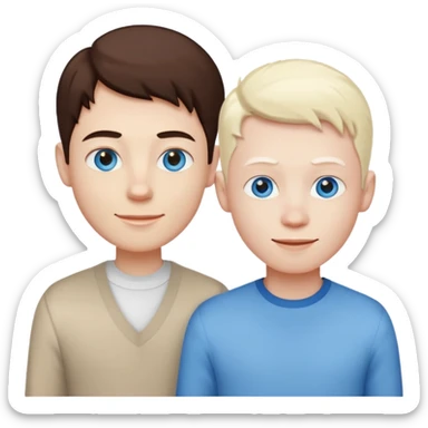 Two guys standing side by side, one is an albino with striking blue eyes and pale skin, the other is a brunette with warm brown eyes and a friendly smile, simple cartoonish style, clean lines, vibrant colors, emoji-style sticker