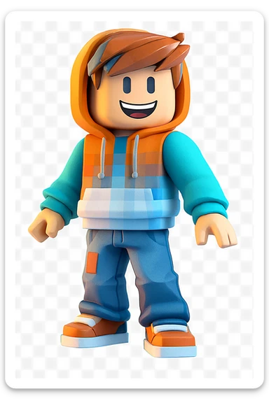 Edit the character in the reference image to have a happy expression, keeping the original Roblox style, outfit, and face color exactly as in the reference image. sticker