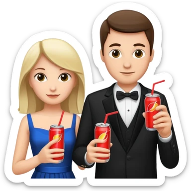 husband and wife at wedding holding energy drinks sticker