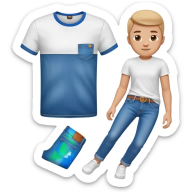 A 3D cartoon casual T-shirt and jeans outfit arranged on flat surface, bright lighting, Memoji-style realism. sticker