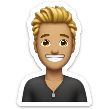 hombre sonriendo con cabello y barbilla negra, apuntando con el dedo a un costado sticker