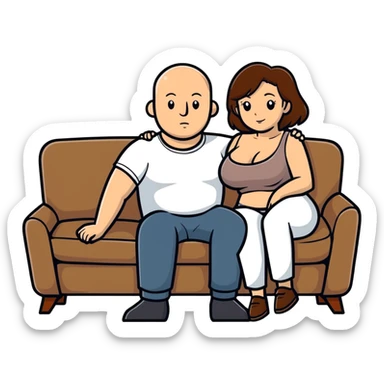 One Caucasian woman with brown hair big boobs wearing pants sitting on a couch with a bald man sticker