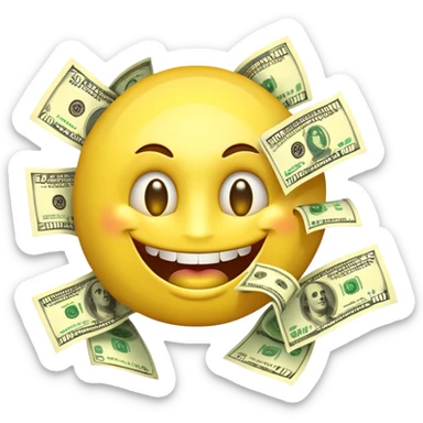 3D glossy emoji sticker, dollar-sign eyes, huge toothy grin, mouth stuffed with US dollar bills spilling out, floating banknotes, centered, transparent background sticker