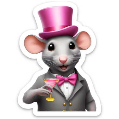 Rat with pink tophat hoding a cocktail sticker