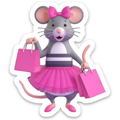 rat with a pink dress and tutu holding a black and white striped shopping bag sticker