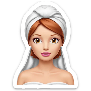 A Barbie face with shoulder-length reddish brown hair, makeup with cream on her face and a towel on her head sticker