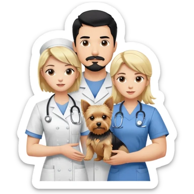 A blonde white nurse stands beside a handsome, muscular Korean man with black hair styled in a sharp point, a full goatee, and a blonde Yorkshire Terrier in his arms sticker