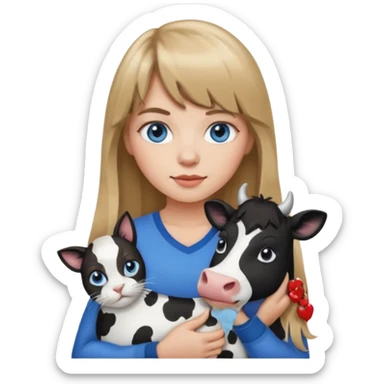 Apple-style emoji sticker of a young woman with long dark blond hair and bang, blue eyes , holding a cat black and white like a cow patch on her chest.  sticker