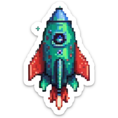rocket ship with green to red gradient, pixel art style sticker