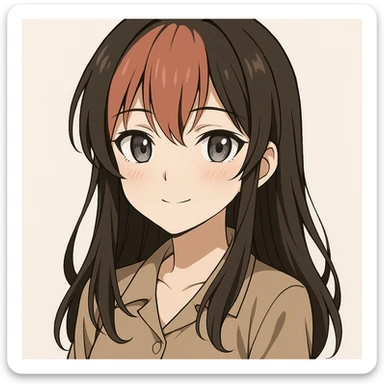 anime character, brunette hair, grey eyes, salmon red bangs, head and shoulders, subtle blush sticker