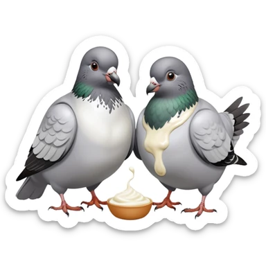 2 very fat pigeons having explosive diarrhea and eating yoghurt sticker