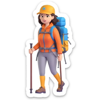 woman mountain climbing, female mountaineer with backpack and hiking poles sticker