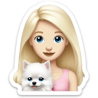 Blond girl white skin blue eyes hugging white Pomeranian with light pink bow sticker