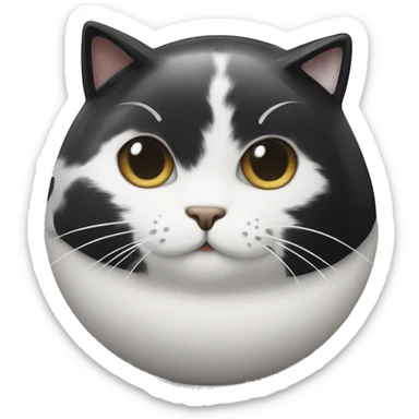 A black and white cat with a fur pattern on its head that looks like a bowl cut sticker