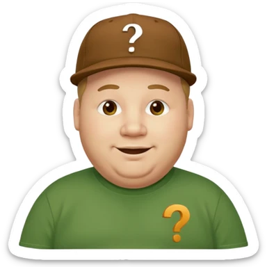 fat man with brown cap and green t shirt printeed a question mark sticker