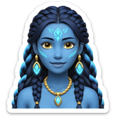 avatar-style Na’vi female portrait, head and shoulders only, blue skin, glowing bioluminescent markings, long braided hair, subtle tribal jewelry, confident smile, 3D cartoon, mobile game icon style, clean background, no text, no watermark
 sticker