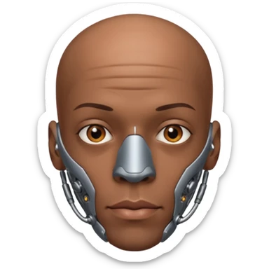 bald black man, vertical half of his face fully covered in cyborg augmentations sticker
