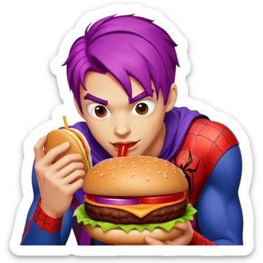 spider man eating burger with soft drink puple hair sticker