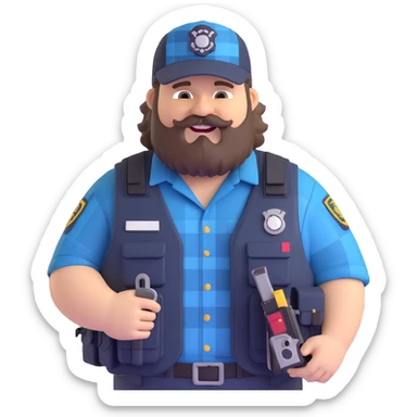 chubby federal agent with buck teeth tactical vest full of gadgets redneck appearance trucker hat plaid shirt scruffy beard 3D humorous style sticker