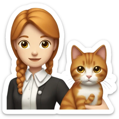 A girl with chestnut hair and a light parting holds a ginger cat with a white collar in her arms sticker