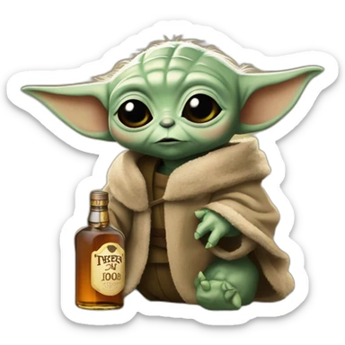 baby Yoda drinking a big bottle of whiskey sticker