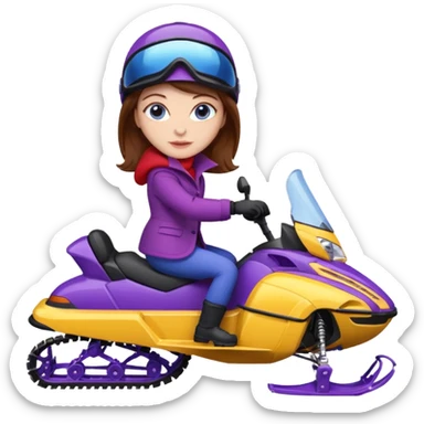 Brown hair, very blue eyes, Woman wearing a Very red coat  on purple and yellow striped snowmobile sticker