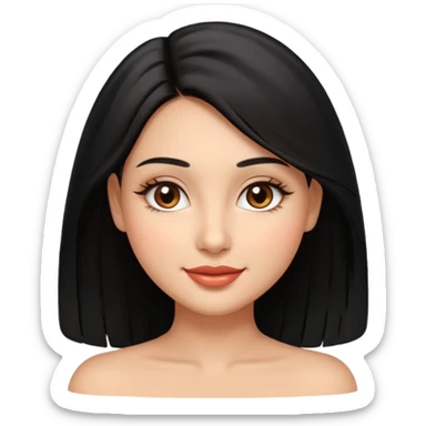 Feminine woman Softly rounded, healthy face — slightly curvy and feminine, not overweight.
Warm tan skin, brown eyes with long lashes, full glossy lips, gentle smile.
Shoulder-length black hair framing the face.
Clean, polished emoji look, soft shading, neutral background. sticker