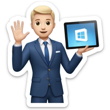 A stylized 3D emoji icon of a charismatic young male presenter on a stage, holding a tablet and gesturing enthusiastically towards a large screen behind him. The screen displays a glowing, futuristic Microsoft logo (the four squares) sticker