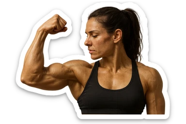 donna fitness con bicipite contratto, iperrealistica 4k sticker