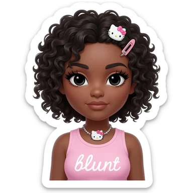 Long giant lashes, my melody hairclip, Doll faced shaped, hello kitty necklace, bimbo, black doll eyes, barbie, dark brown skin with curly black hair, light pink bimbo sleeveless shirt says "blunt" , big breast sticker
