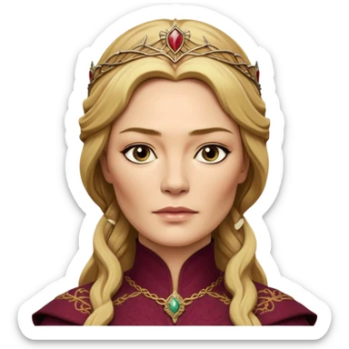 Cinematic Realistic Cersei Lannister Portrait, depicted with lifelike skin texture, subtle rosy undertones, and soft natural lighting that enhances the gentle contours of her face. Her intricately detailed golden blonde hair is elegantly styled , sticker
