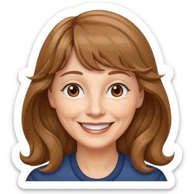 60 yr old woman, small brown eyes, long wavy light brown hair, bangs,  sticker