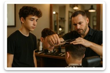 sartaroshxonada ishlayotgan o'smirin bola usta soch olayotganini kuzatib turibdi sticker