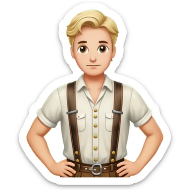 German person in Bavarian lederhosen shrugging with Sicily landscape in background sticker
