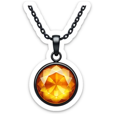 extreme close up of a round cut holographic amber charm with black bail and black chain, chain and bail right up against the gem sticker