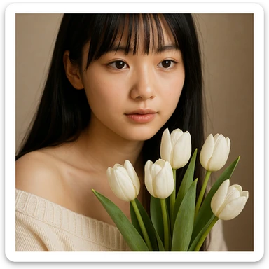 close-up view of a girl with long black hair, thin bangs, and black eyes, wearing a cream off-shoulder sweater, holding a bouquet of white tulips sticker