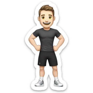 Joyful Celebrating victory Pale skinned Fit Man With the biceps and dark brown hair in black shirt, gray sports shorts and white Sneakers sticker