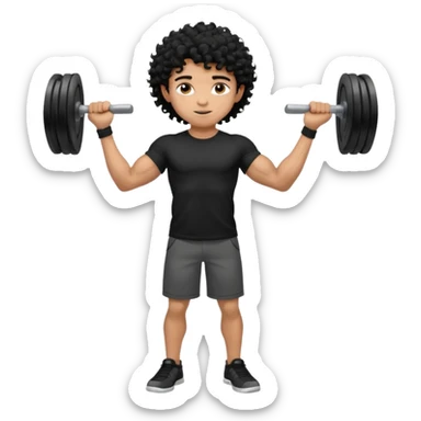 full body view of muscular teen boy with veiny hands arms and biceps. has messy black curly hair with dark-tan skintone with black tshirt sticker